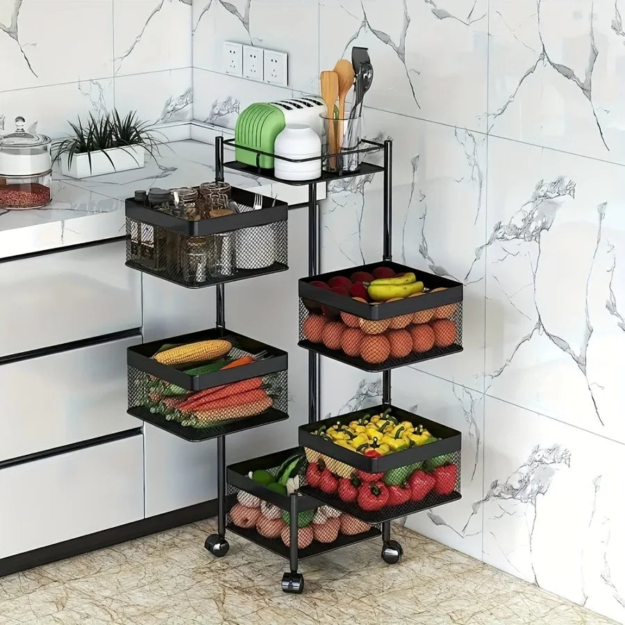 Rotating Kitchen/ Bath Storage Shelf 5 Tier, Metal Basket Multi-Layer Vegetable Rack Storage Trolley on Wheels