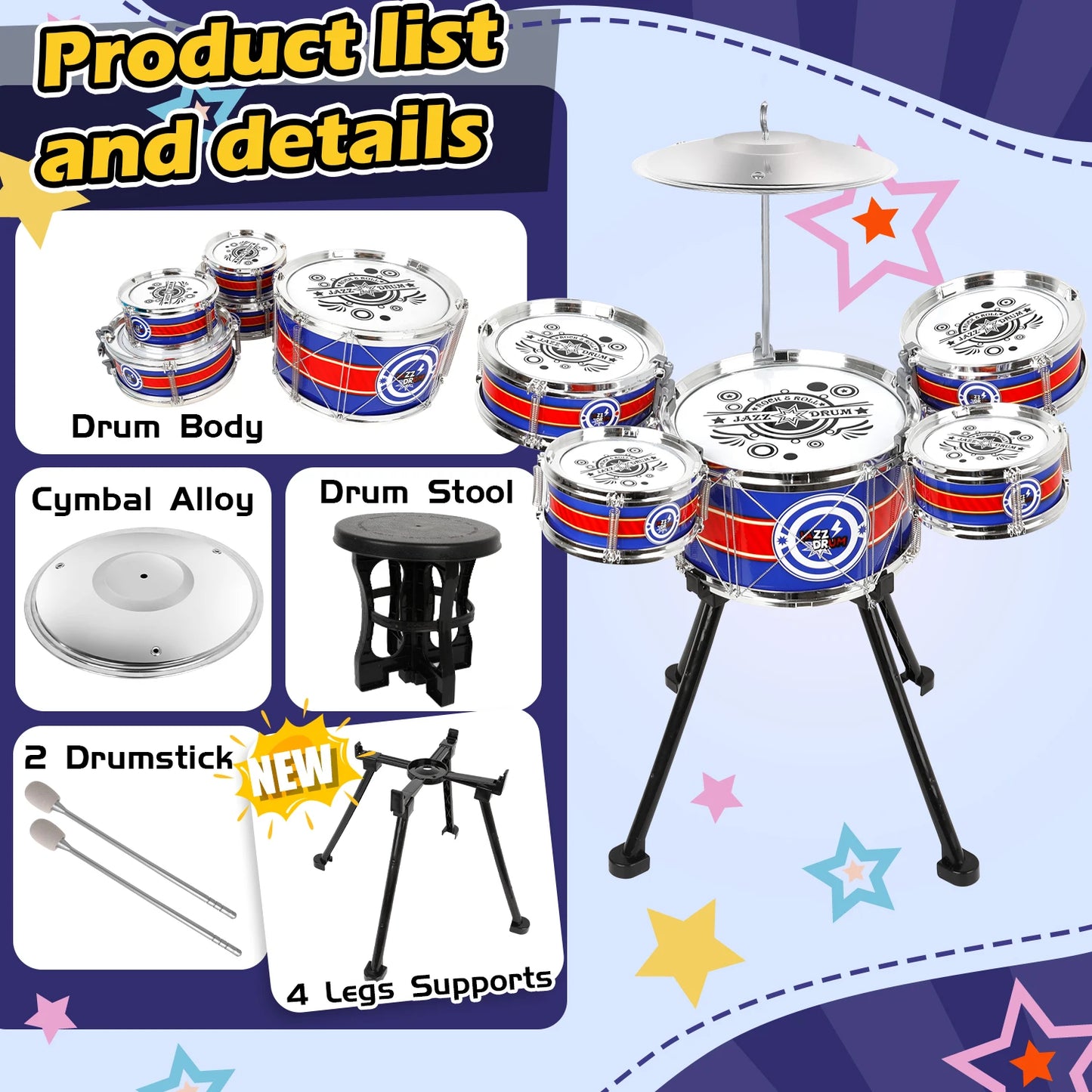 Kids Toy Drum Sets for Beginners Jazz Drum Set with Stool & 5 Drums Musical Instruments
