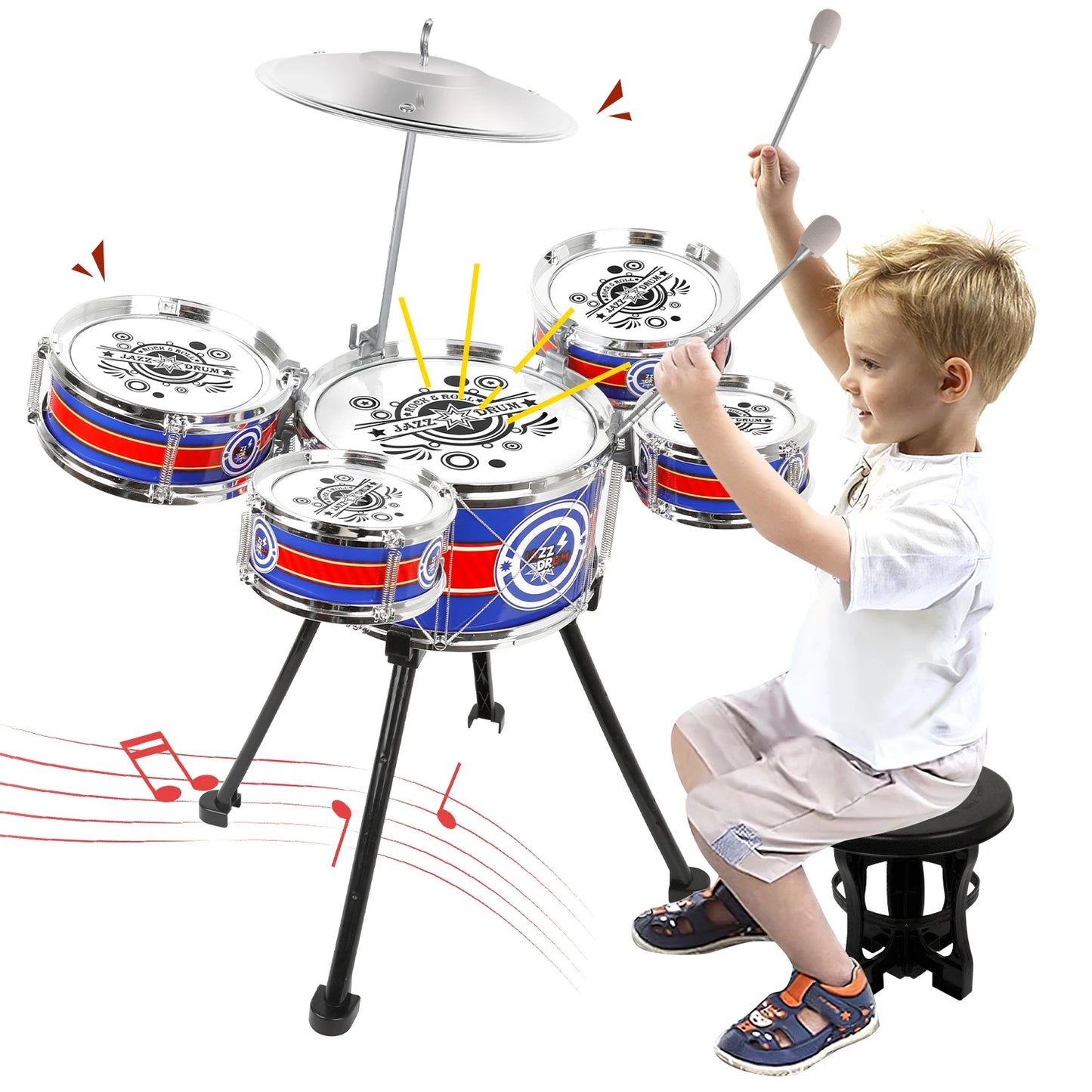 Kids Toy Drum Sets for Beginners Jazz Drum Set with Stool & 5 Drums Musical Instruments