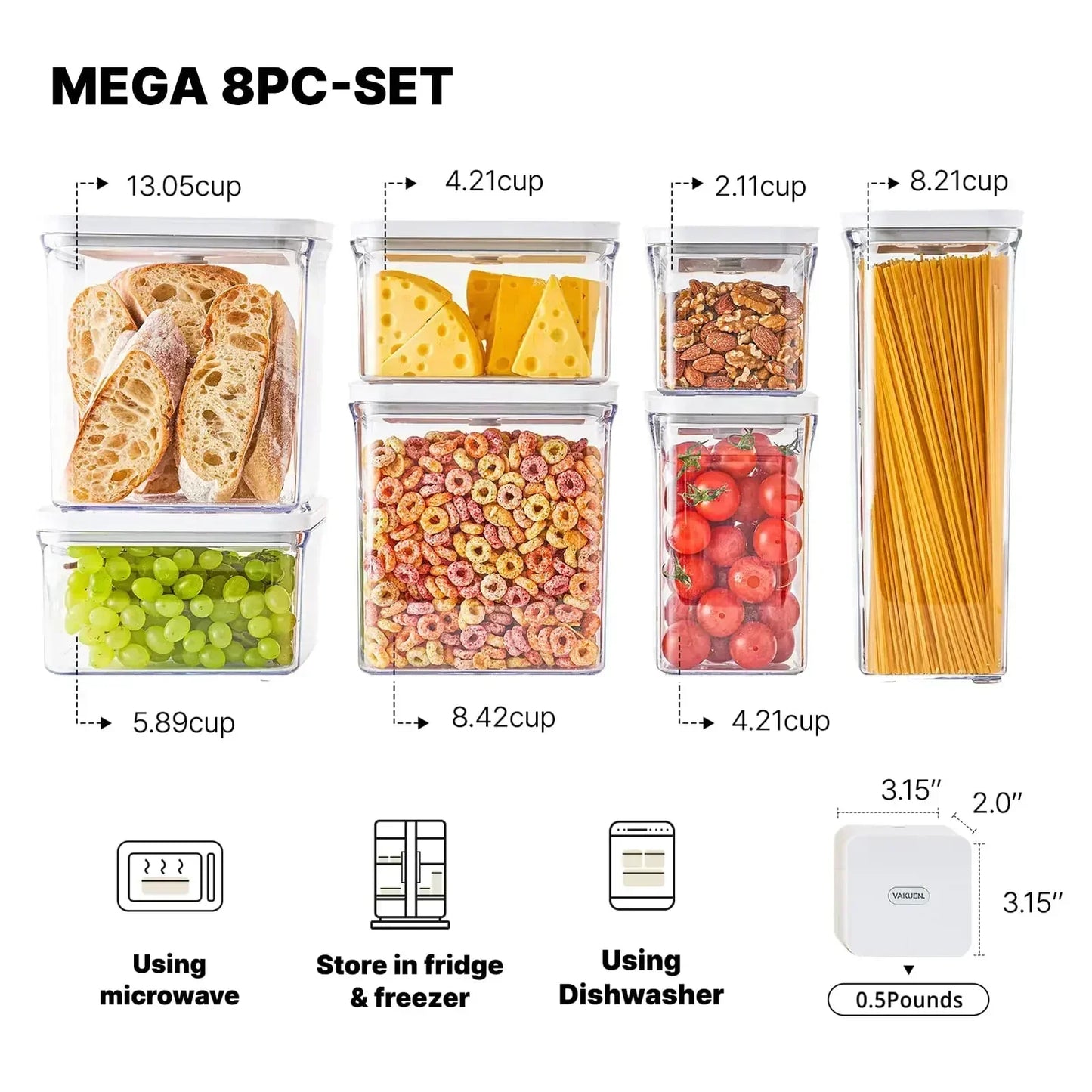 Premium Airtight Food Storage Containers Mega 8P/Set. 7pcs Container and Vacuum Sealer. Smart One-Click Seal Lid,