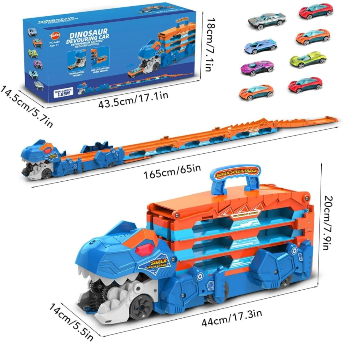 Dinosaur Transport Truck Car Toy 2 in 1 Folding Track with Sound, Portable Truck with 8 Race Cars