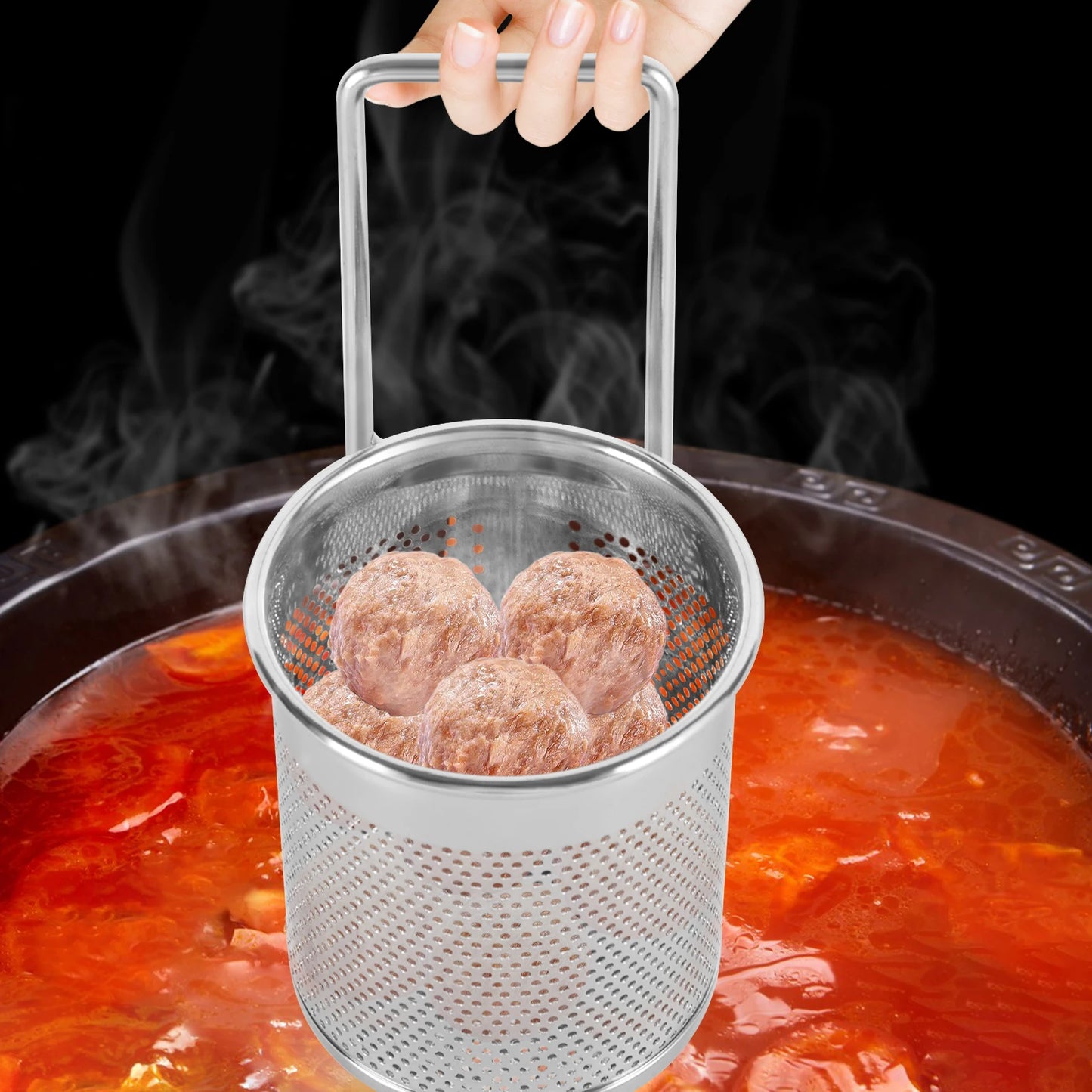 Stainless Steel Hot Pot Mesh Net Basket Hanging Noodle Strainer with Handle