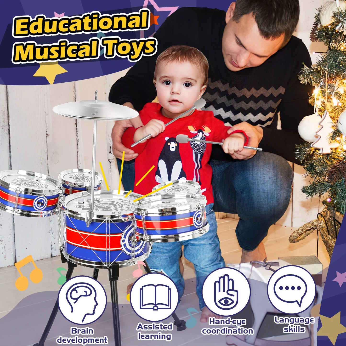 Kids Toy Drum Sets for Beginners Jazz Drum Set with Stool & 5 Drums Musical Instruments