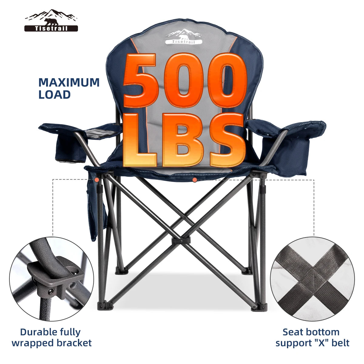 Oversized Camping Chair Folding with Cooler Padded Outdoor Heavy Duty Support 500 LBS