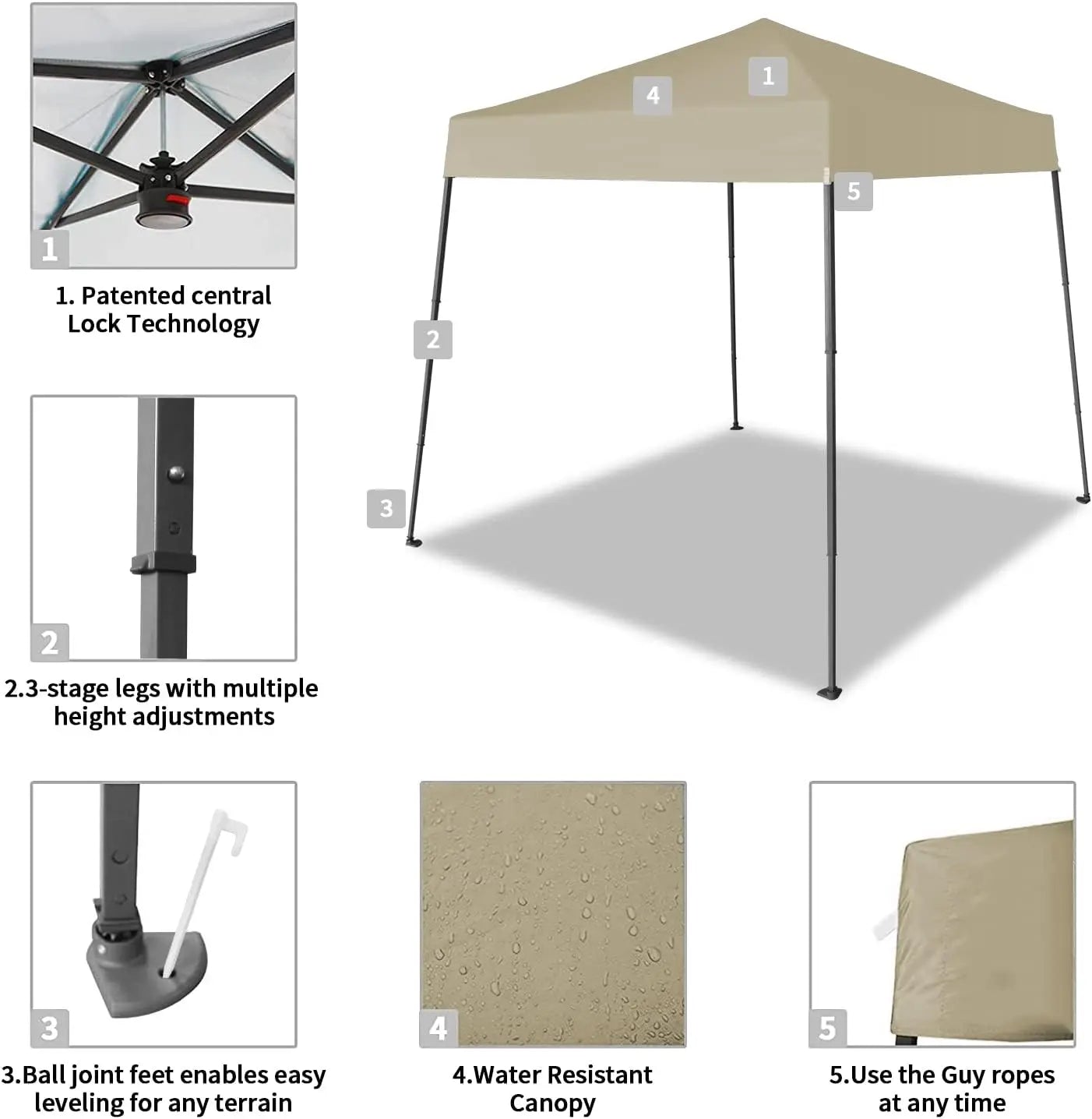 6.5x6.5 Pop Up Canopy Tent, Slant Leg with Carry Bag, Beach Tent, Sports Shelter(Beige)