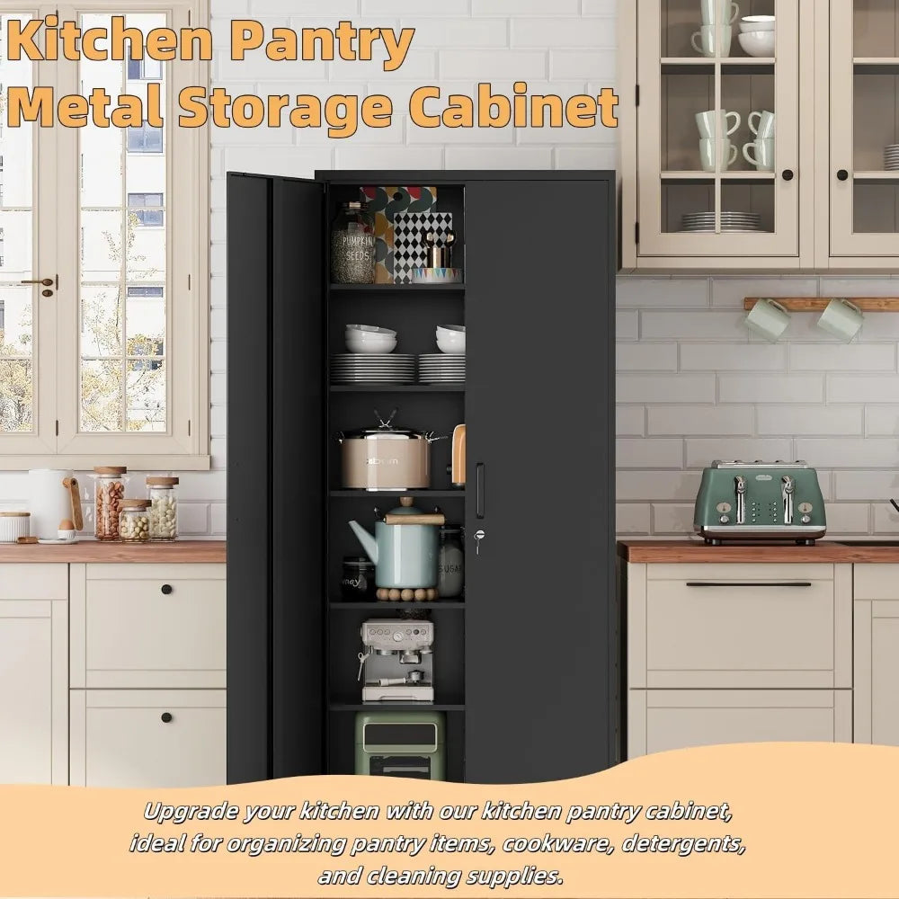 Garage Storage Cabinet with 2 Lockable Doors, Adjustable Shelves Metal Storage, Kitchen Pantry Cabinet,71'H