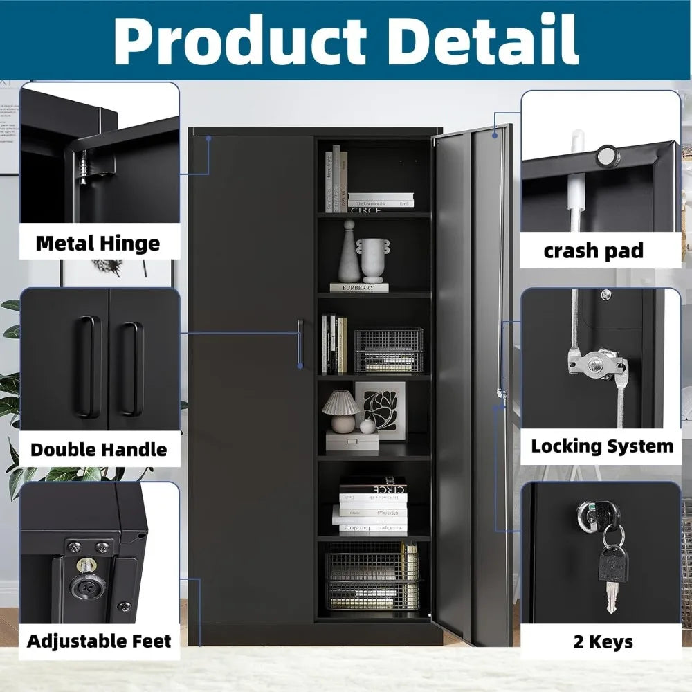 Garage Storage Cabinet with 2 Lockable Doors, Adjustable Shelves Metal Storage, Kitchen Pantry Cabinet,71'H