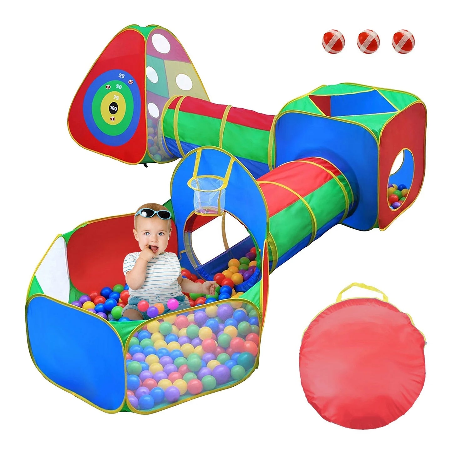 5Pcs Kids Ball Pit Tents Pop Up Playhouse w/ 2 Crawl Tunnel