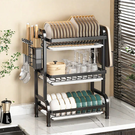 Kitchen Dish Drying Rack 3-Tier Drainboard Set Large Rust-Proof Drainer with Utensil Holder