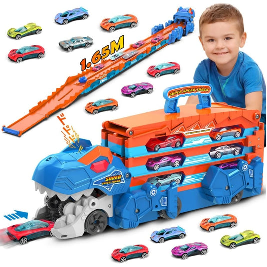 Dinosaur Transport Truck Car Toy 2 in 1  Folding Track  with Sound, Portable Truck with 8 Race Cars