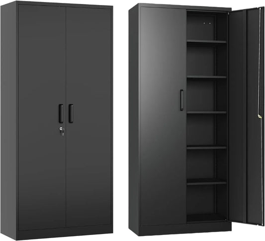 Garage Storage Cabinet with 2 Lockable Doors, Adjustable Shelves Metal Storage, Kitchen Pantry Cabinet,71'H