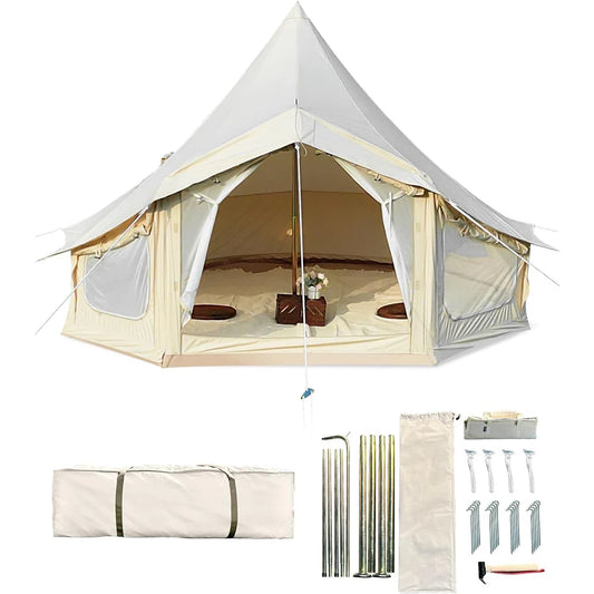 Canvas Yurt Tent with Stove Jack,Large Family Camping  with Mesh Zippers Windows,Breathable Waterproof Bell