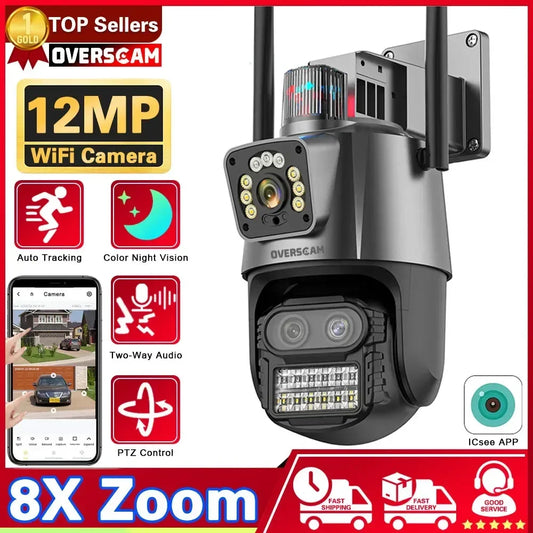 12MP 6K WiFi Camera Outdoor Three Lens Dual Screens 8X PTZ Zoom CCTV Video Auto Tracking Security Surveillance