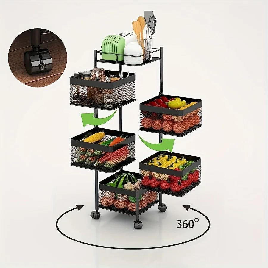 Rotating Kitchen/ Bath Storage Shelf 5 Tier, Metal Basket Multi-Layer Vegetable Rack Storage Trolley on Wheels