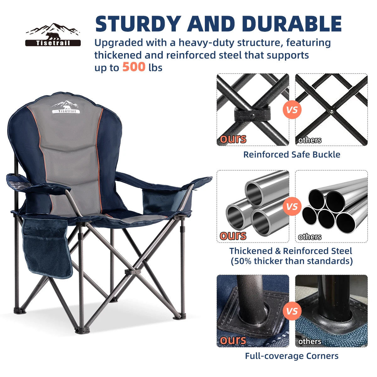 Oversized Camping Chair Folding with Cooler Padded Outdoor  Heavy Duty Support 500 LBS