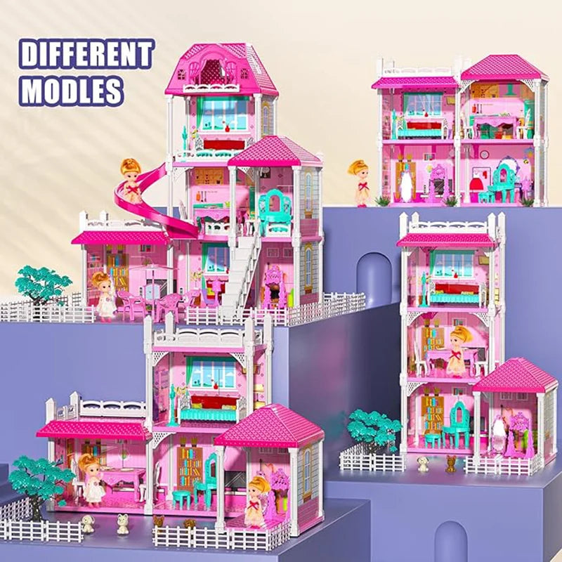 TEMI Villa Toys For 3-8 Girls. 3 Storeys, 6 Rooms. Playset With 2 Dolls & Accessories. Pretend Play, Building Toys, Gift.