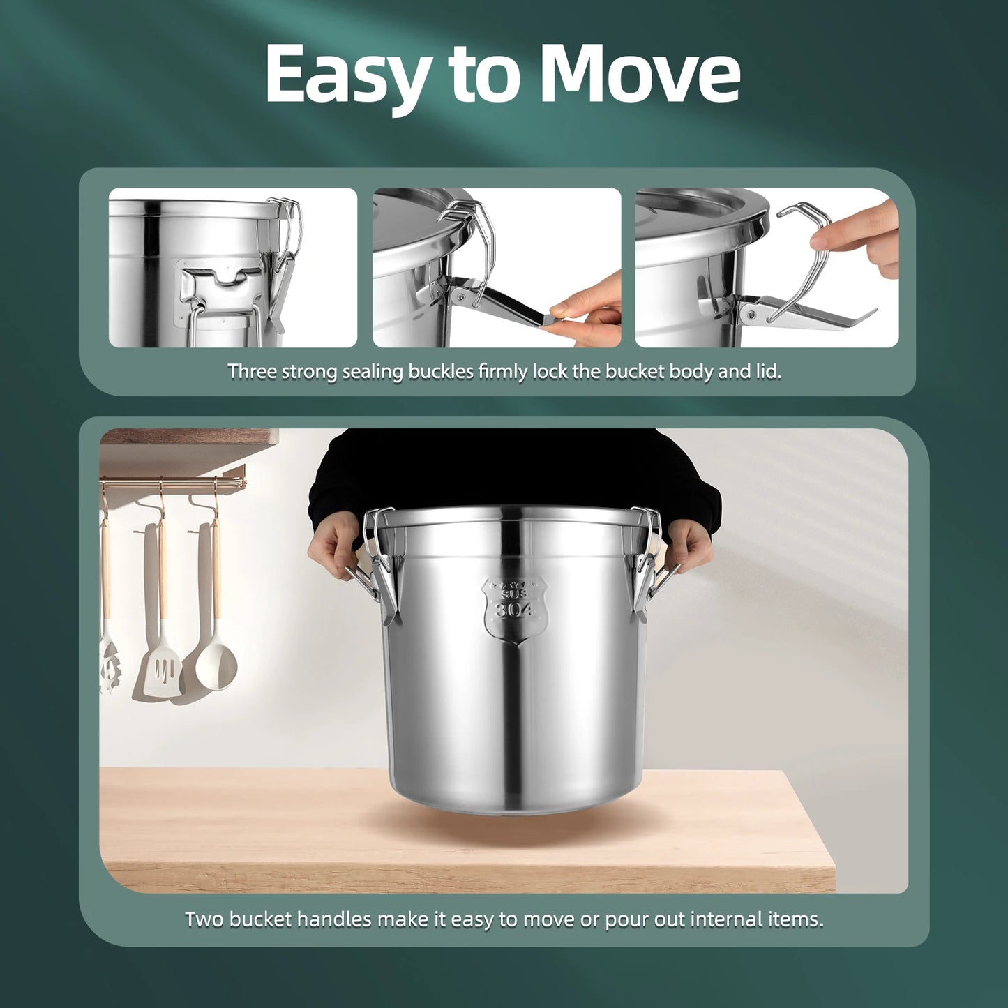 304 Stainless Steel 21L/33L Airtight Canister Household Kitchen Food Grain Rice Sealed Storage Bucket  Food-grade Container