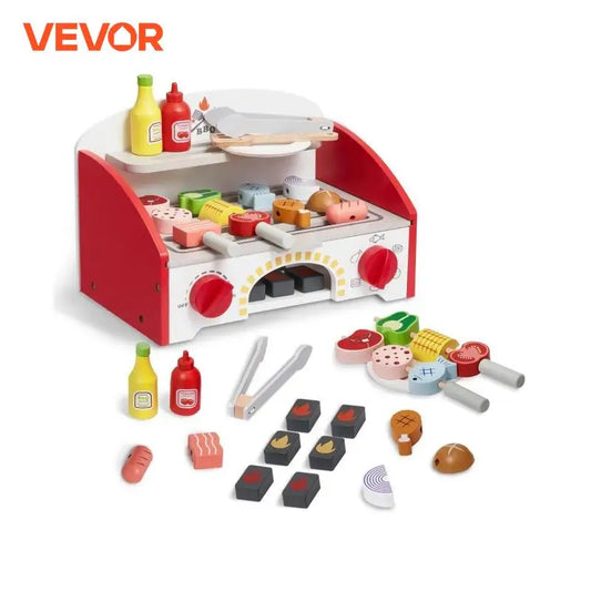 Wooden BBQ Grill Toy Set Kids Barbecue Food Playset Interactive Pretend Play Toys for Boys Girls Ages 3+ Gifts