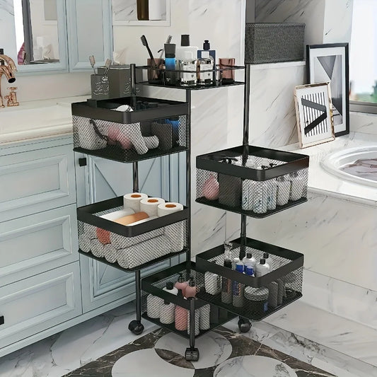 Rotating Kitchen/ Bath Storage Shelf 5 Tier, Metal Basket Multi-Layer Vegetable Rack Storage Trolley on Wheels