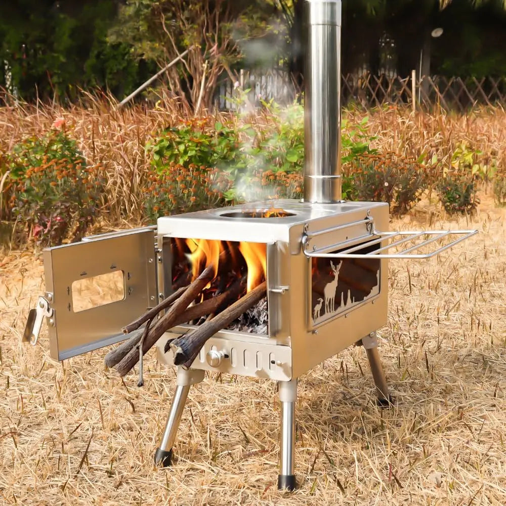 Portable Wood Burn Stove Stainless Steel Firewood Stove With Chimney Pipe for Outdoor Cooking