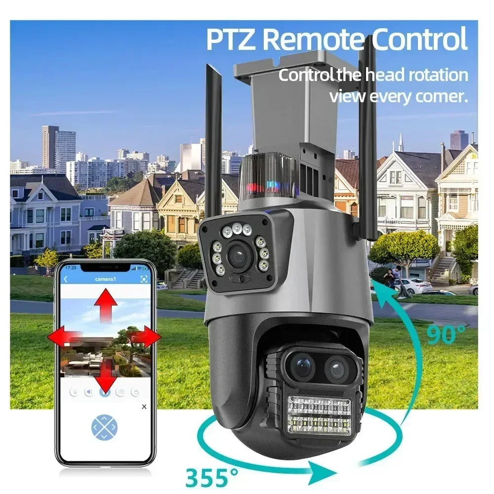 12MP 6K WiFi Camera Outdoor Three Lens Dual Screens 8X PTZ Zoom CCTV Video Auto Tracking Security Surveillance