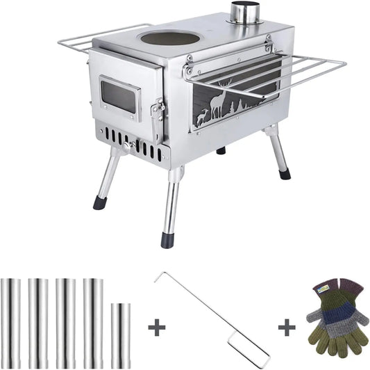 Portable Wood Burn Stove Stainless Steel Firewood Stove With Chimney Pipe for Outdoor Cooking