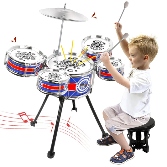 Kids Toy Drum Sets for Beginners Jazz Drum Set with Stool &  5 Drums Musical Instruments