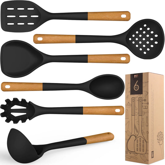 Heat Resistant Kitchen Utensil Set with Wooden Handles, Spatula,Turner, Slotted Spoon, Pasta server