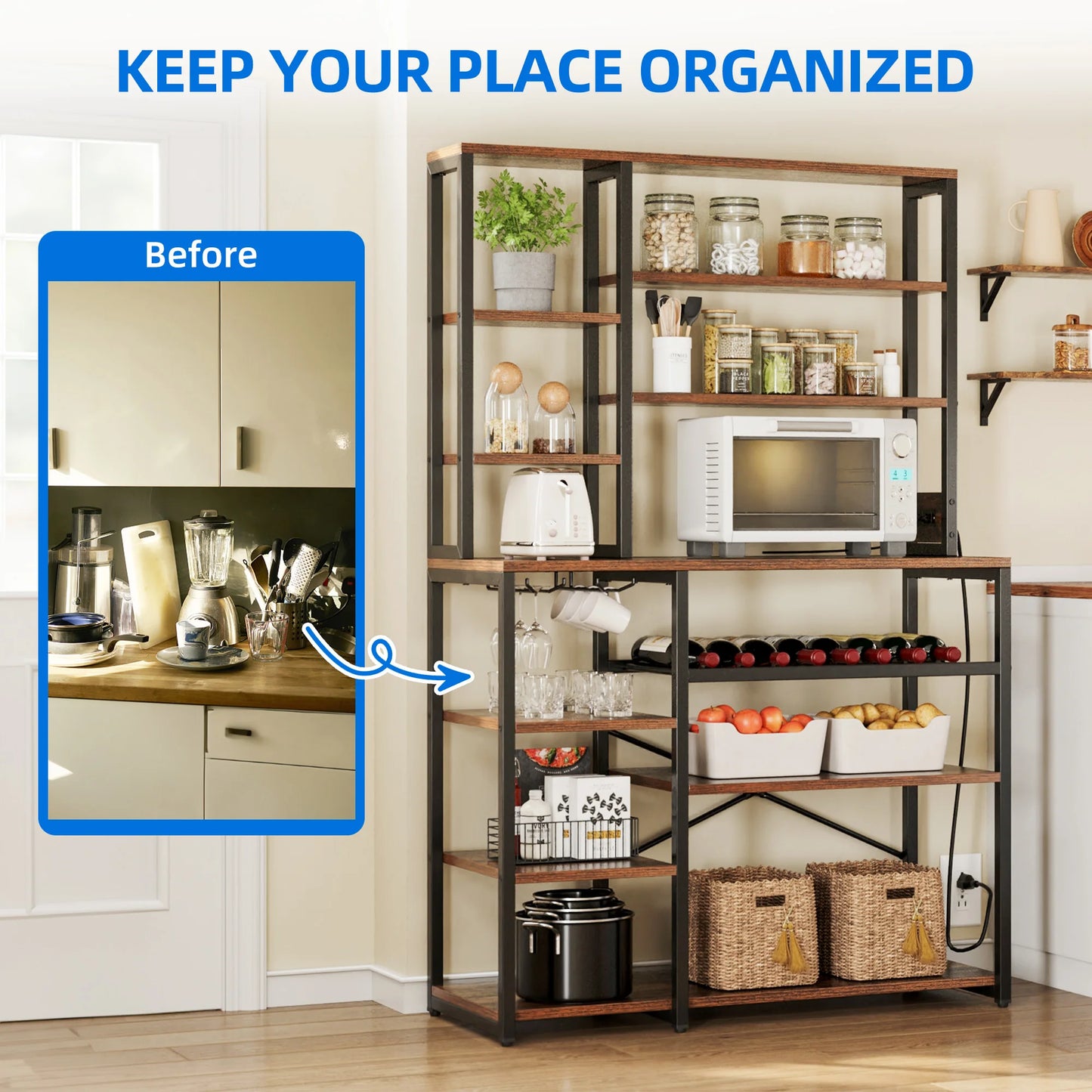 6-Tier Kitchen Bakers Rack with Power Outlet Microwave Stand Coffee Bar